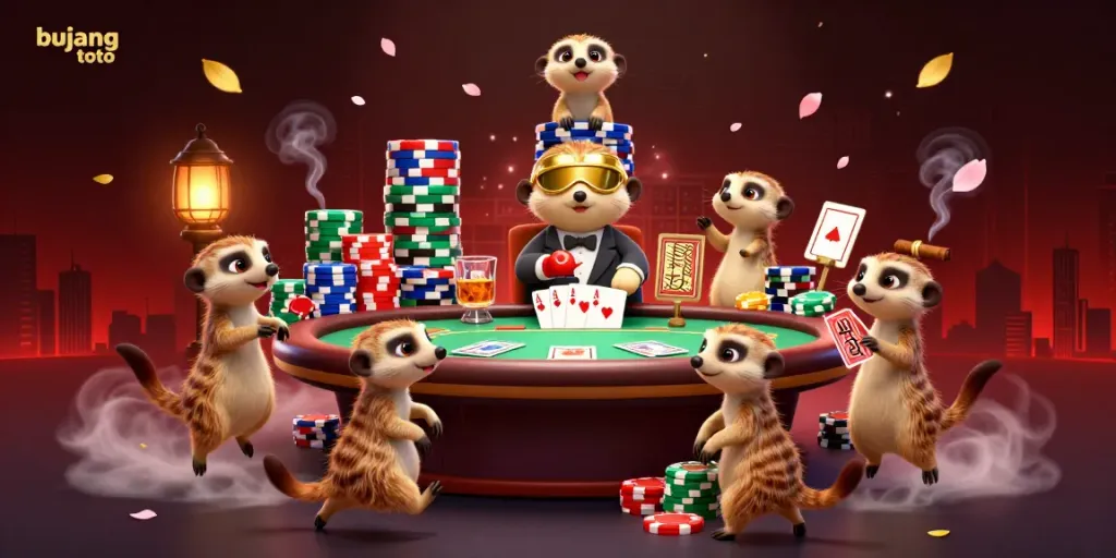 Engage in thrilling gameplay with bujang toto surrounded by vibrant casino activities and lively meerkat characters.