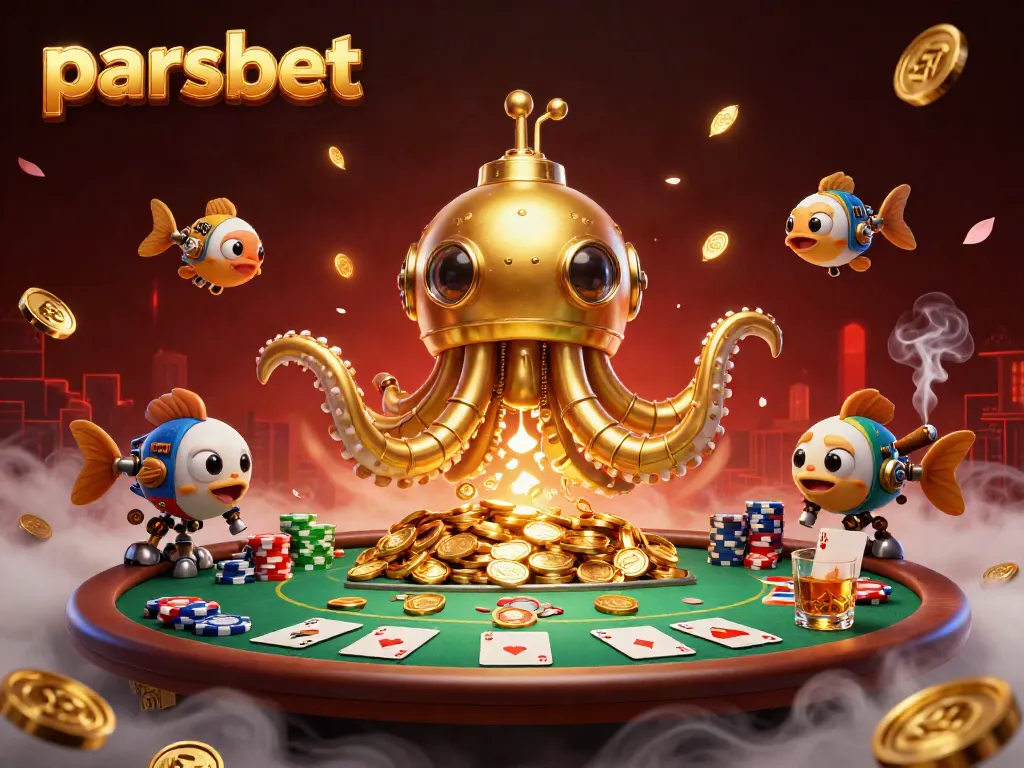 Engage with parsbet in a vibrant casino scene, showcasing a mechanical kraken submarine and poker elements.