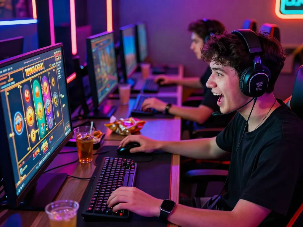 Player intensely engaged in slot thailand gaming on a desktop with vibrant LED lights.