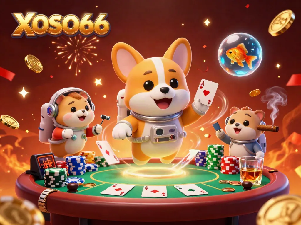 XOSO66 engages players in an immersive casino scene with vibrant characters and floating poker elements.