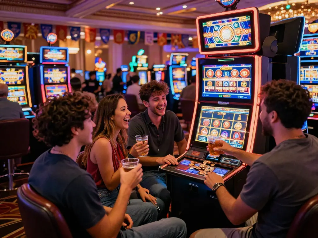 Lucky777 gaming scene with friends celebrating at a vibrant casino, surrounded by slot machines and colorful lights.