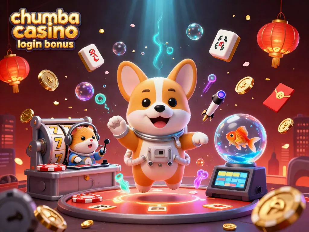 Claim the chumba casino login bonus with a vibrant scene of a playful corgi and exciting gaming elements.