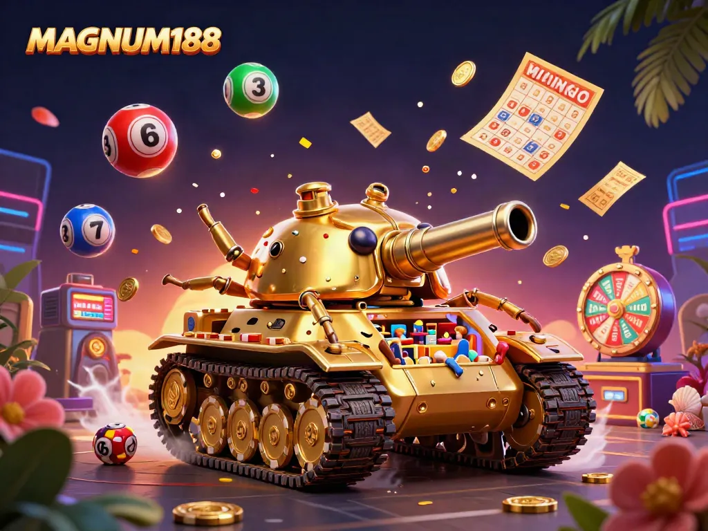 Experience the excitement of MAGNUM188 with a golden beetle tank casino scene bursting with lottery balls and confetti.