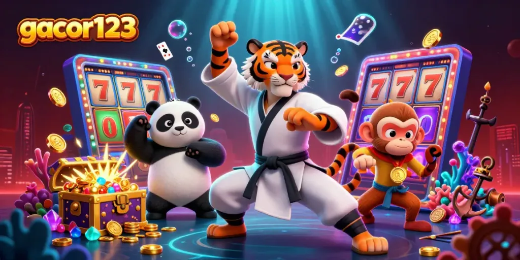 Engaging gacor123 entertainment showcasing a 3D kung fu tiger, panda, and monkey amidst vibrant casino elements.