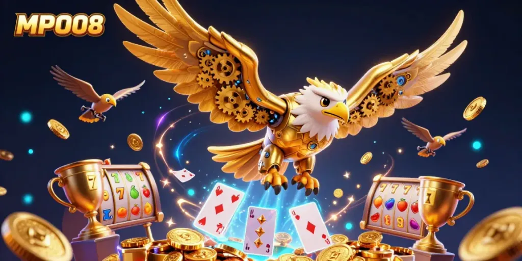 MPO08's immersive casino experience features a golden eagle navigating a digital sea of holographic cards.