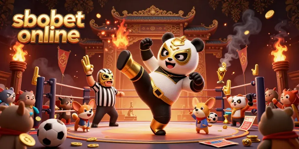 Experience sbobet online sports betting with an exciting scene of a panda wrestler and animal spectators.